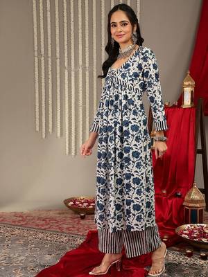Floral Printed V-Neck Pure Cotton Empire A-Line Kurta & Palazzo With Dupatta 5