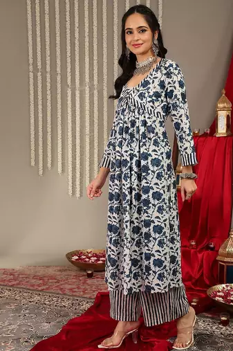 Floral Printed V-Neck Pure Cotton Empire A-Line Kurta & Palazzo With Dupatta