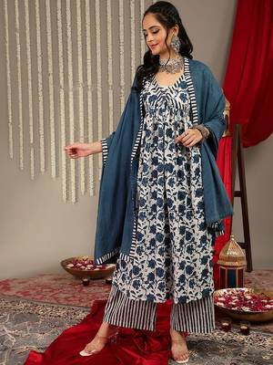 Floral Printed V-Neck Pure Cotton Empire A-Line Kurta & Palazzo With Dupatta 6