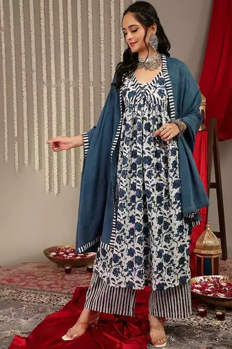 Floral Printed V-Neck Pure Cotton Empire A-Line Kurta & Palazzo With Dupatta