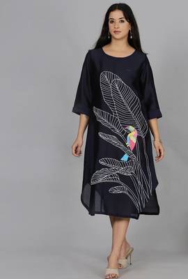 Navy blue chanderi straight dress with slip 1