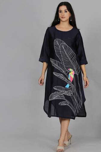 Navy blue chanderi straight dress with slip