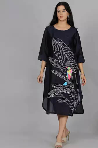 Navy blue chanderi straight dress with slip