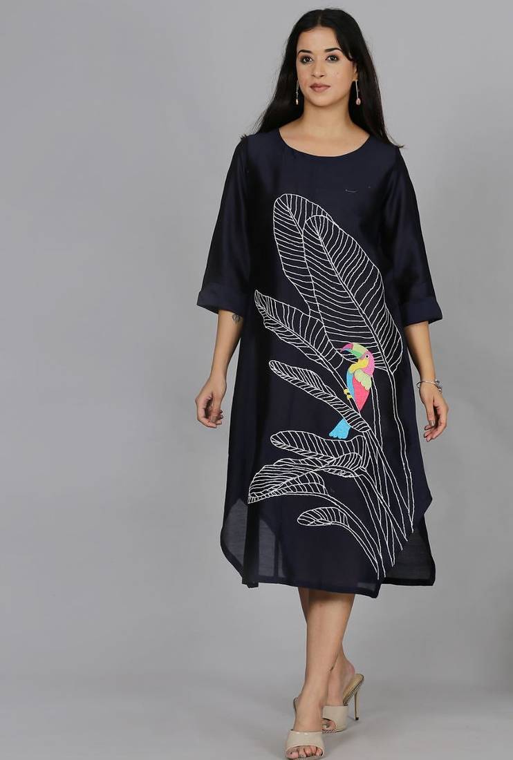 Navy blue chanderi straight dress with slip