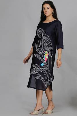 Navy blue chanderi straight dress with slip 2