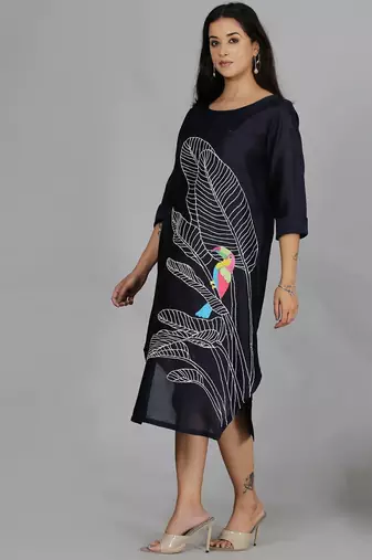 Navy blue chanderi straight dress with slip