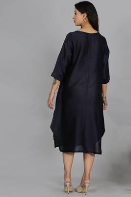 Navy blue chanderi straight dress with slip 4