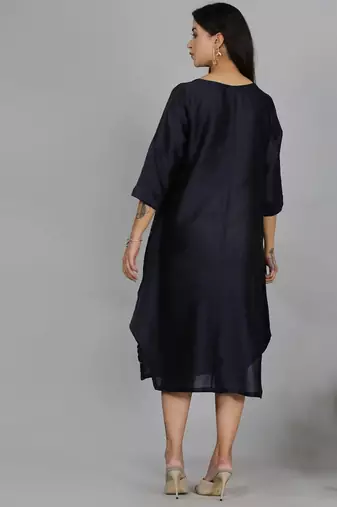 Navy blue chanderi straight dress with slip