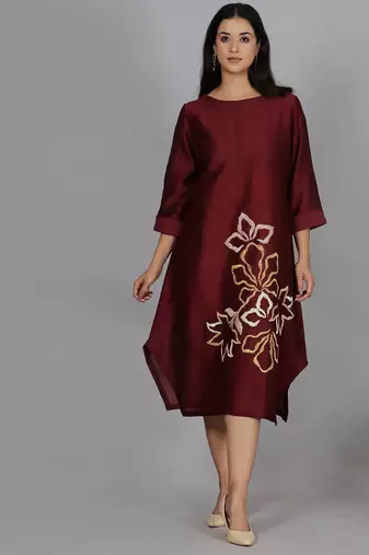 Maroon chanderi straight dress with slip (2pcs set)