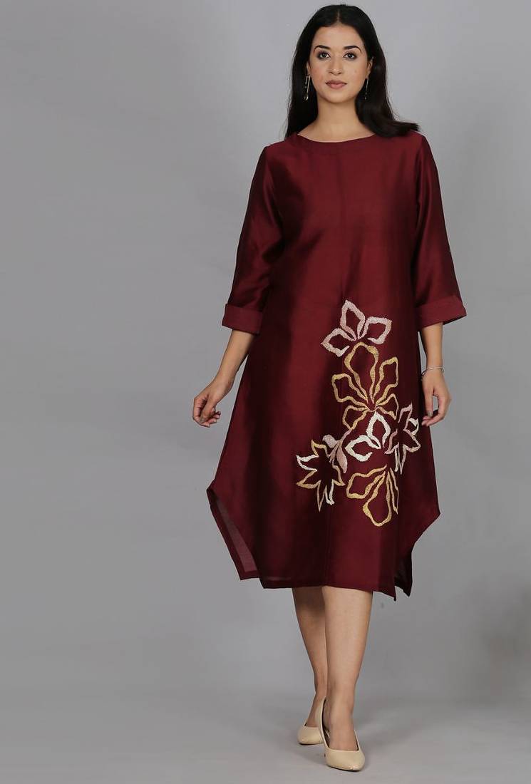 Maroon chanderi straight dress with slip (2pcs set)