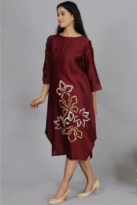 Maroon chanderi straight dress with slip (2pcs set) 2
