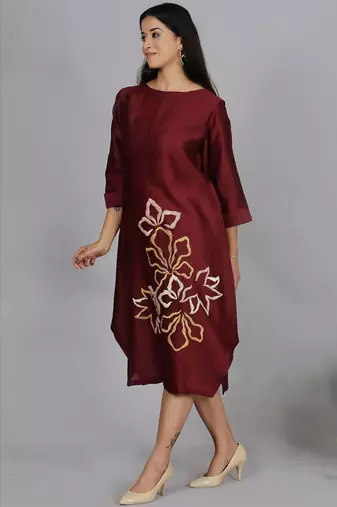 Maroon chanderi straight dress with slip (2pcs set)