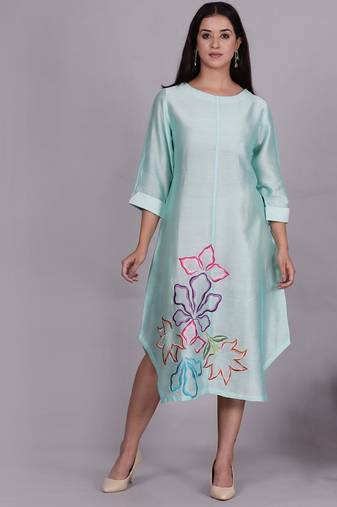 Aqua chanderi straight dress with slip