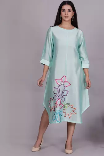 Aqua chanderi straight dress with slip