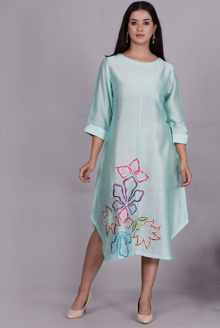 Aqua chanderi straight dress with slip