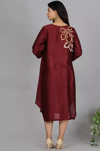 Maroon chanderi straight dress with slip (2pcs set)