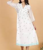 White chanderi gathered dress with embroidery