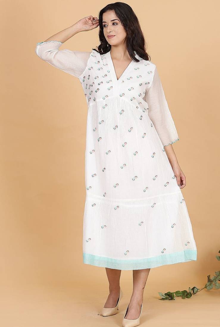 White chanderi gathered dress with embroidery