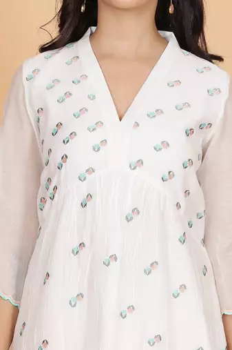 White chanderi gathered dress with embroidery