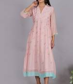 Peach chanderi gathered dress with embroidery