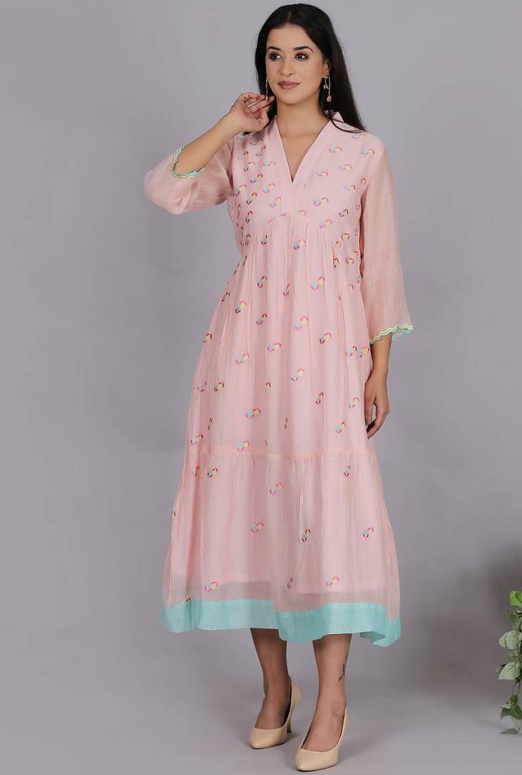 Peach chanderi gathered dress with embroidery
