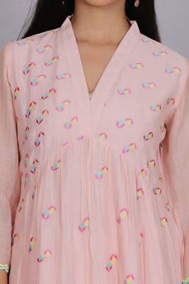 Peach chanderi gathered dress with embroidery 2