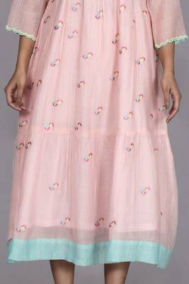 Peach chanderi gathered dress with embroidery 3