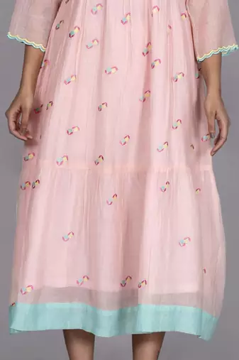 Peach chanderi gathered dress with embroidery