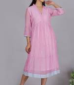 Pink chanderi gathered dress with embroidery