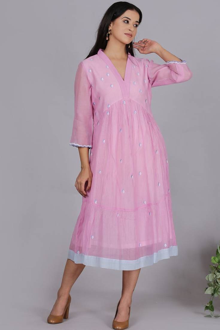 Pink chanderi gathered dress with embroidery