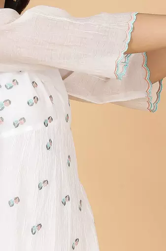 White chanderi gathered dress with embroidery