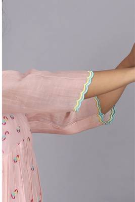 Peach chanderi gathered dress with embroidery 4