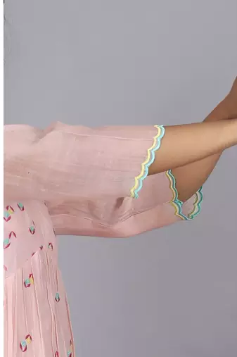 Peach chanderi gathered dress with embroidery