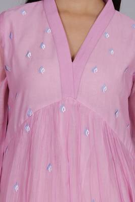 Pink chanderi gathered dress with embroidery 2