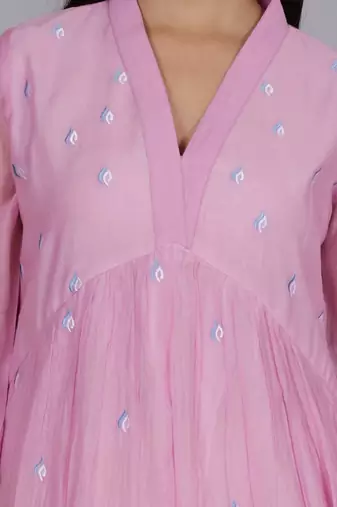 Pink chanderi gathered dress with embroidery