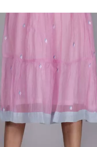 Pink chanderi gathered dress with embroidery