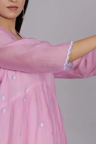 Pink chanderi gathered dress with embroidery