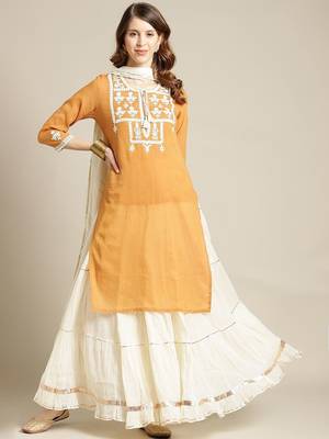 Women Mustard Yellow Ethnic Motifs Yoke Design Thread Work Kurta with Skirt 1