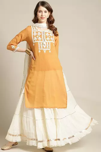Women Mustard Yellow Ethnic Motifs Yoke Design Thread Work Kurta with Skirt