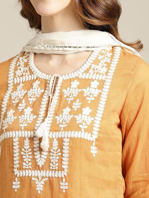 Women Mustard Yellow Ethnic Motifs Yoke Design Thread Work Kurta with Skirt 2