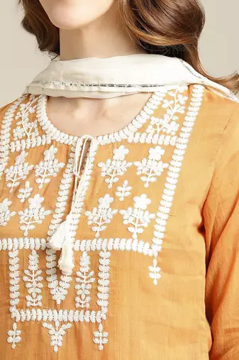 Women Mustard Yellow Ethnic Motifs Yoke Design Thread Work Kurta with Skirt