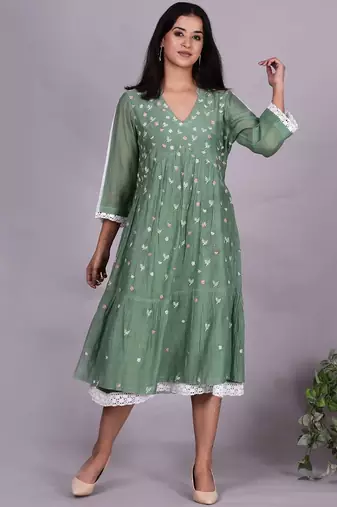 Green chanderi gathered dress with embroidery