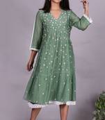 Green chanderi gathered dress with embroidery