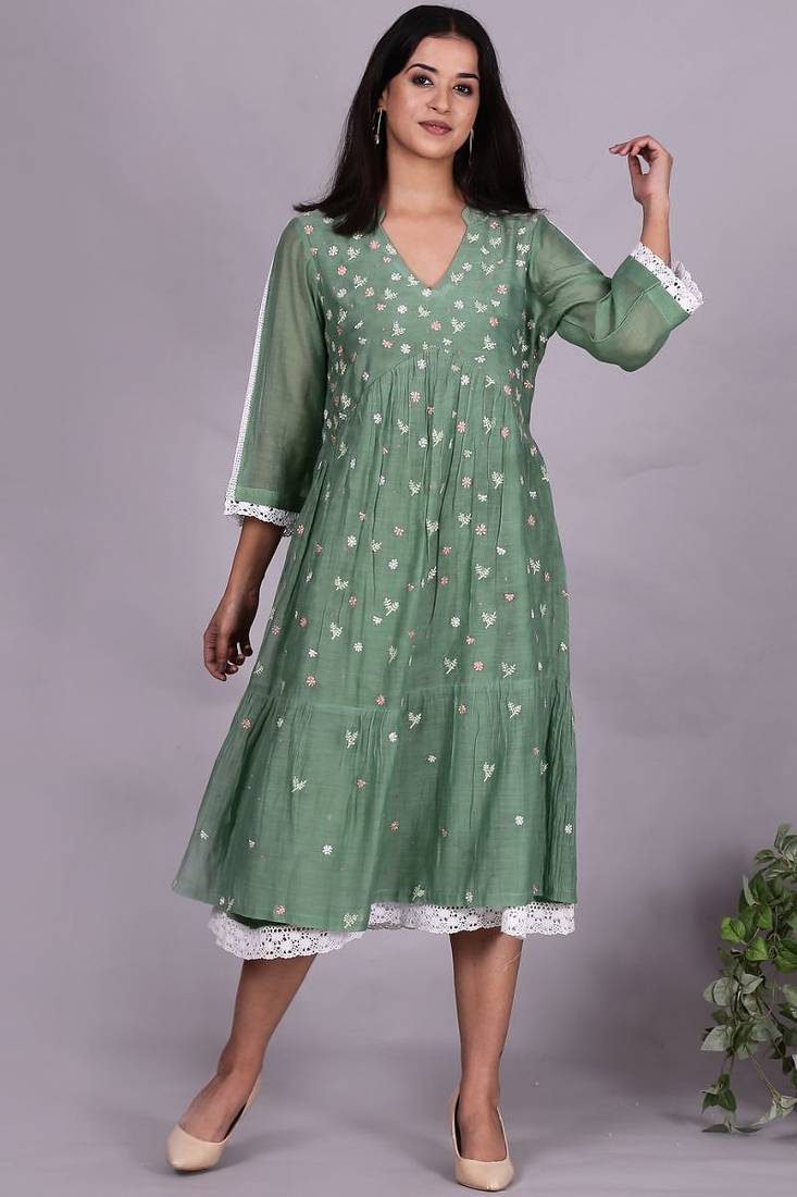 Green chanderi gathered dress with embroidery