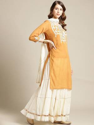 Women Mustard Yellow Ethnic Motifs Yoke Design Thread Work Kurta with Skirt 5