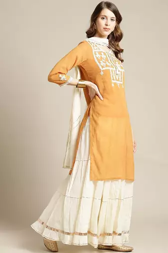 Women Mustard Yellow Ethnic Motifs Yoke Design Thread Work Kurta with Skirt