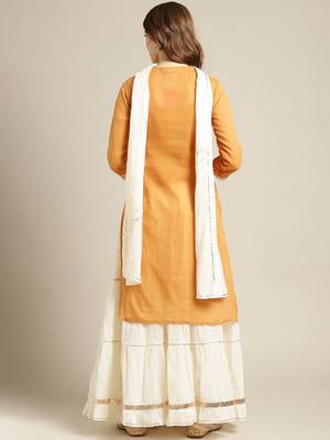 Women Mustard Yellow Ethnic Motifs Yoke Design Thread Work Kurta with Skirt 6