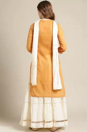 Women Mustard Yellow Ethnic Motifs Yoke Design Thread Work Kurta with Skirt