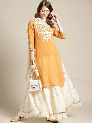 Women Mustard Yellow Ethnic Motifs Yoke Design Thread Work Kurta with Skirt 7