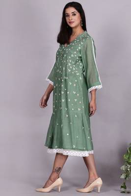 Green chanderi gathered dress with embroidery 2